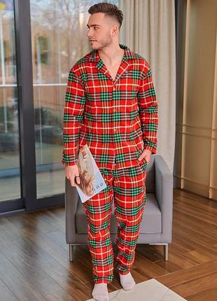 Тепла зимова фланелева чоловіча піжама двійка штани та сорочка одяг для дому та сну червоний