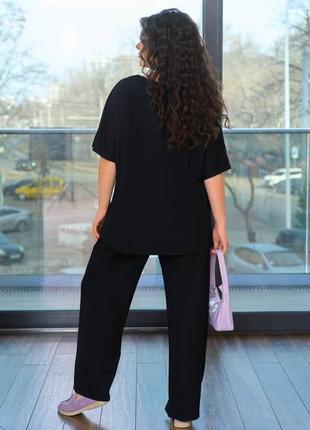 Легкий шикарный прогулочный женский брючный костюм двойка штаны футболка черного цвета большие размеры3 фото