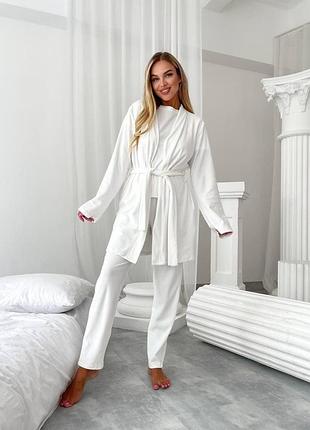 Тепла зимова велюрова плюшева жіноча піжама домашній костюм-трійка білий колір