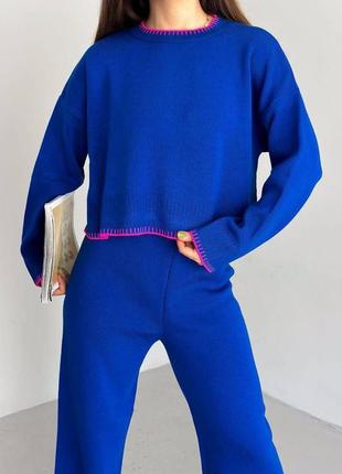 Жіночий повсякденний теплий костюм-двійка светр і штани в універсальному розмірі синього кольору6 фото