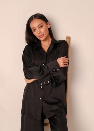 Женская шелковая свободная пижама оверсайз рубашка и штаны 2 в 1  пижама и костюм для дома черная1 фото