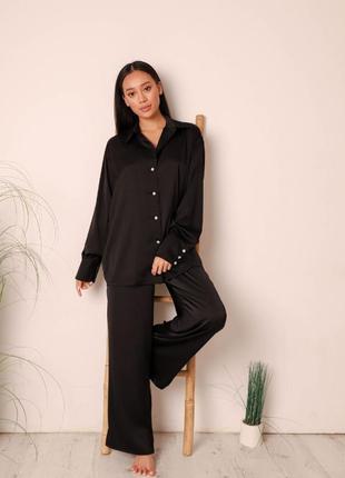 Жіноча шовкова вільна піжама оверсайз сорочка та штани 2 в 1 піжама та костюм для дому чорна8 фото