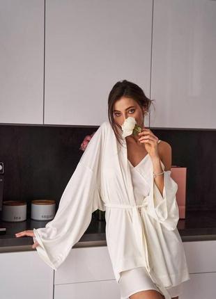 Уютный халат кимоно домашний легкий качественный в универсальном размере ткань шелк сатин цвет молочный