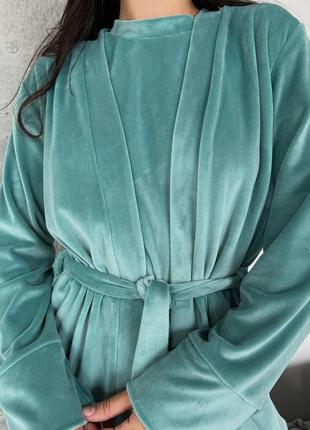 Тёплая зимняя велюровая плюшевая женская пижама домашний костюм тройка цвет мятный цвет9 фото