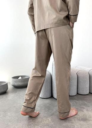 Качественная легкая одежда для дома мужская пижама двойка штаны и рубашка ткань сатин цвет кофе с молоком6 фото