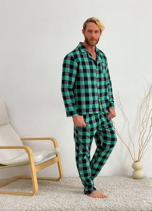 Тепла зимова фланелева чоловіча піжама двійка штани та сорочка одяг для дому та сну зелений5 фото