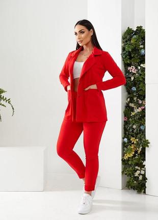 Брючный женский двойка пиджак и штаны деловой нарядный классический норма и большие размеры красного цвета6 фото