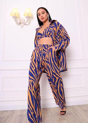 Пижама женская из софта принт зебра брюки рубашка и бра костюм для дома и сна цвет оранжево-синий6 фото