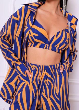 Пижама женская из софта принт зебра брюки рубашка и бра костюм для дома и сна цвет оранжево-синий8 фото