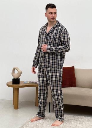 Фланелева чоловіча піжама двійка штани-сорочка одяг для дому та сну темно-синій1 фото