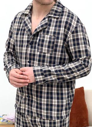 Фланелева чоловіча піжама двійка штани-сорочка одяг для дому та сну темно-синій3 фото