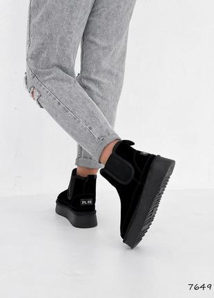Топовые черные зимние угги женские, бобы укороченные, замшевые/замша-женская обувь на зиму9 фото