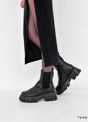 Трендовые черные женские ботинки челси зимние,на массивной подошве, кожаные/кожа-женская обувь на зиму