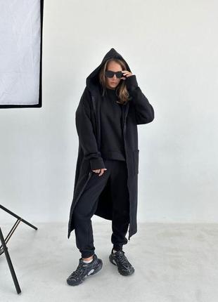 Черный спортивный женский костюм в универсальном размере повседневный теплый ткань трехнитка на флисе10 фото