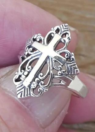 Кольцо с крестом перстень серебристый с крестом и узорами р 184 фото
