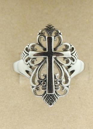 Кольцо с крестом перстень серебристый с крестом и узорами р 185 фото