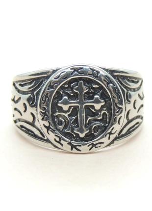 Печатка мужская серебристая кольцо оберег для мужчин с древним крестом и скандинавскими знаками р регулируемый