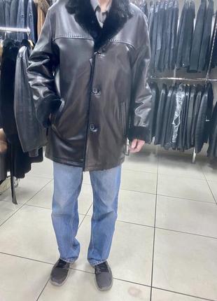 Дублянка чоловіча шкіряна натуральна чорна з норковим коміром