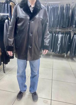 Дублянка чоловіча шкіряна натуральна чорна з норковим коміром