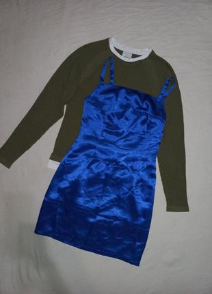 Атласное платье комбинация мини с сеткой вязаной