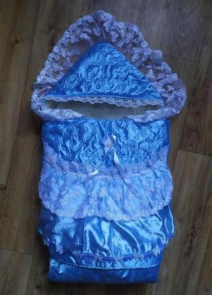 Конверт для новорожденных  + покрывало с кружевом и мехом, голубой 88х86см