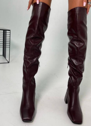 Розкішні шкіряні ботфорти демі марсала