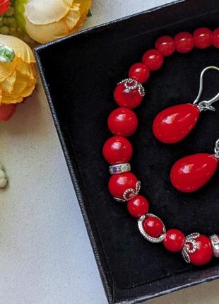 Браслет + сережки з натурального каміння корал