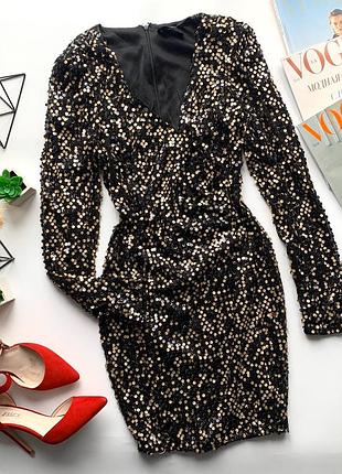 👗роскошное чёрное платье в пайетках/золотистое платье с пайетками/платье миди декольте👗