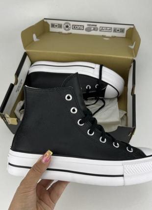 Кеди converse chuck taylor all star lift leather hi 561675 чорні шкіряні, оригінальні кеде конверс жіночі3 фото