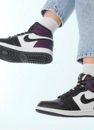 Зимние женские кроссовки nike air jordan 1 winter purple white black (мех) 375 фото