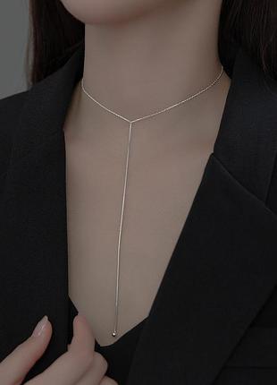 Ланцюжок срібний краватка, ланцюжок тоненький зі шнурком в стилі мінімалізм, срібло 925 проби, 32+5 см
