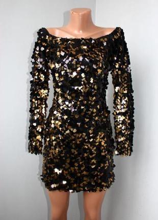 Стильное мерцающее блестяще вечернее черно-золотое платье спущенные плечи в квадратных пайетках s2 фото