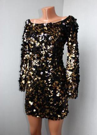Стильное мерцающее блестяще вечернее черно-золотое платье спущенные плечи в квадратных пайетках s5 фото