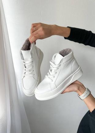 Снижка натуральные кожаные зимние белые утепленные кеды - спортивные ботинки внутри набивная шерсть 36р