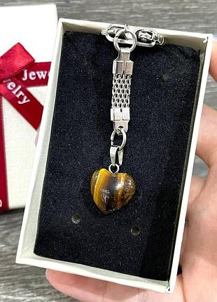 Подарок парню, девушке-натуральный камень "золотистый тигровый глаз сердечко мини" кулон на брелке в коробочке