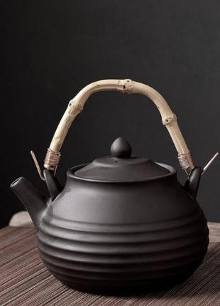 Чайник с бамбуковой ручкой "волна" черный 500мл, чайник с исинской глины, чайник глиняный