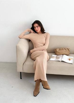 Длинное трикотажное платье макси в рубчик, осеннее платье в рубчик макси