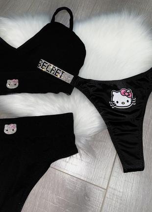 Женское белье комплект hello kitty со стразами черный хелоу котти6 фото