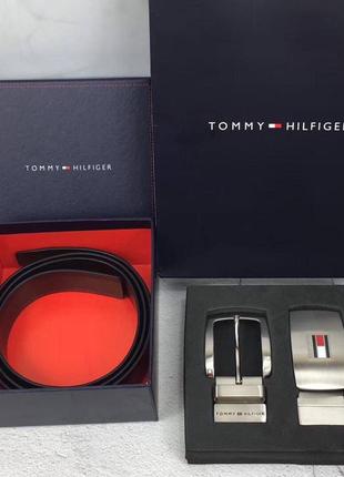 Мужской ремень tommy hilfiger с 2 пряжками черный на подарок  / подарочный набор