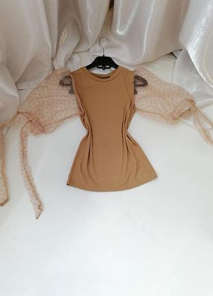 Блуза футболка рубчик прозрачный рукав сетка в горох на завязках4 фото