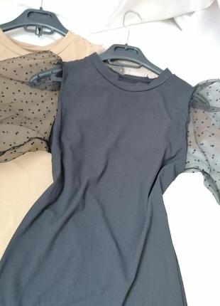 Блуза футболка рубчик прозрачный рукав сетка в горох на завязках6 фото