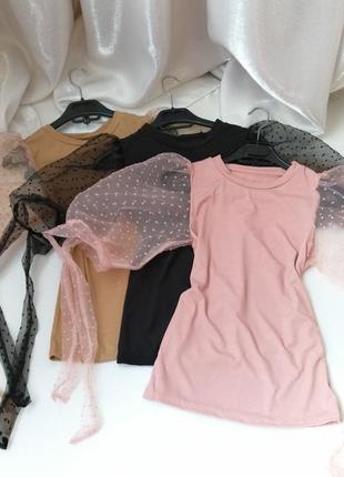 Блуза футболка рубчик прозрачный рукав сетка в горох на завязках8 фото