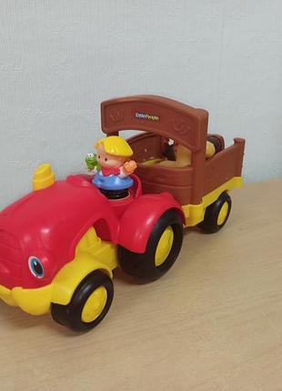 Большой трактор с прицепом fisher-price little people, интерактивный,