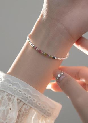 Браслет серебряный цветной турмалин, браслет с бусин из натурального камня, серебро 925 пробы, длина 17+3 см