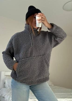 Худи женское оверсайз тедди на молнии с карманом качественное стильное теплое молочное графитовое8 фото