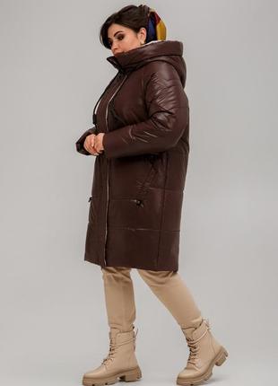 Зимнее стильное пальто гамбург с двусторонней молнией батал 50-60 размеры разные цвета шоколад3 фото