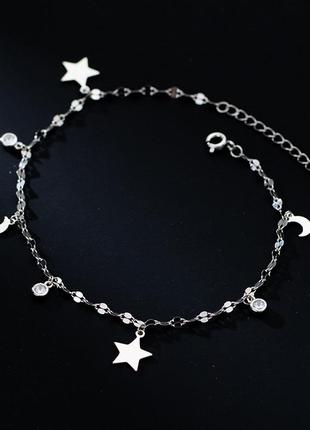 Браслет на ногу серебряный ночное небо, анклет с звездами и месяцем, серебро 925 пробы, длина 21+4 см2 фото