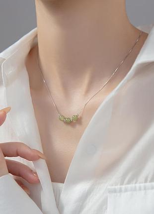 Ланцюжок-чокер срібний нефритові намистини, підвіска з натурального нефриту, срібло 925 проби, довжина 45 см