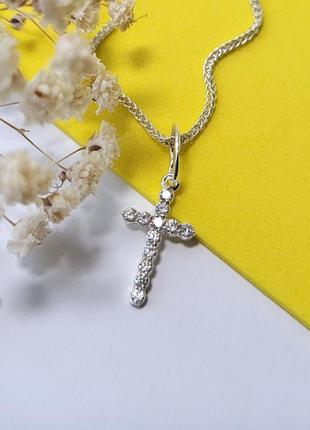 Срібний хрестик прямий хрест з білими каменями срібло 925 проби 30011 0.90г