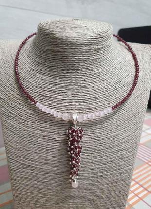 Чокер с подвеской серебрянный "гранат и розовый кварц"